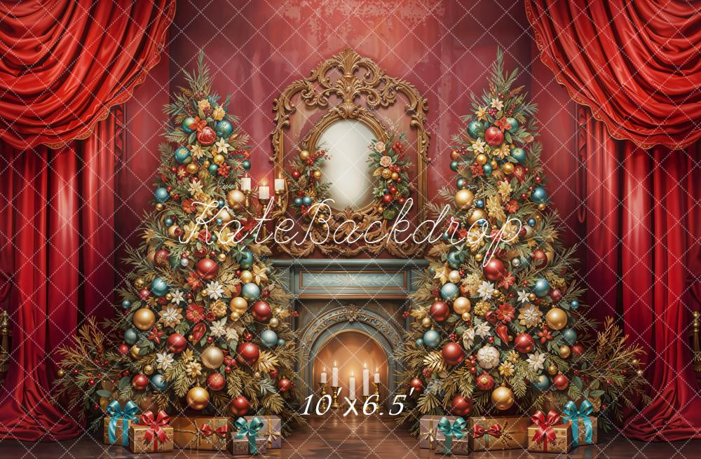 Kate Christmas Trees Fireplace Gifts Red Curtains Backdrop Designed by Emetselch - Image 4