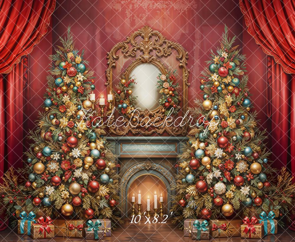 Kate Christmas Trees Fireplace Gifts Red Curtains Backdrop Designed by Emetselch - Image 6