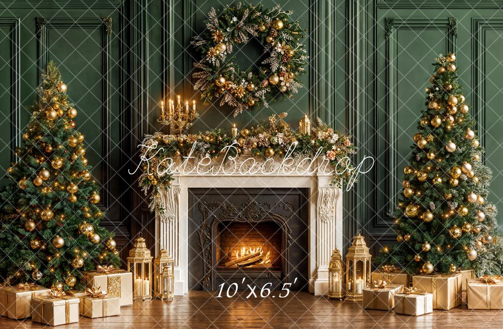 Kate Christmas Trees Fireplace Green Wall Backdrop Designed by Emetselch - Image 4