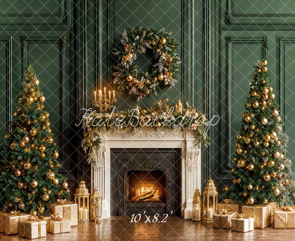 Kate Christmas Trees Fireplace Green Wall Backdrop Designed by Emetselch - Image 6