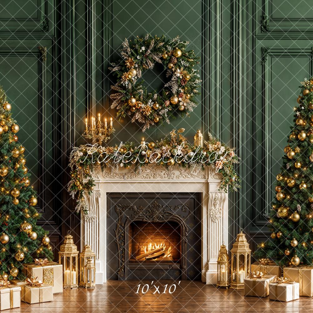 Kate Christmas Trees Fireplace Green Wall Backdrop Designed by Emetselch - Image 7