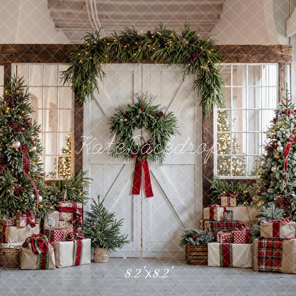 Kate Christmas Trees Garland Presents Rustic Door Backdrop Designed by Emetselch - Image 5