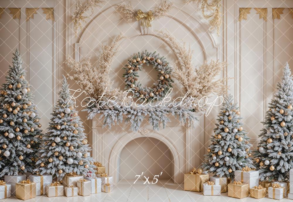 Kate Christmas Trees Gifts White Retro Fireplace Backdrop Designed by Emetselch - Image 2
