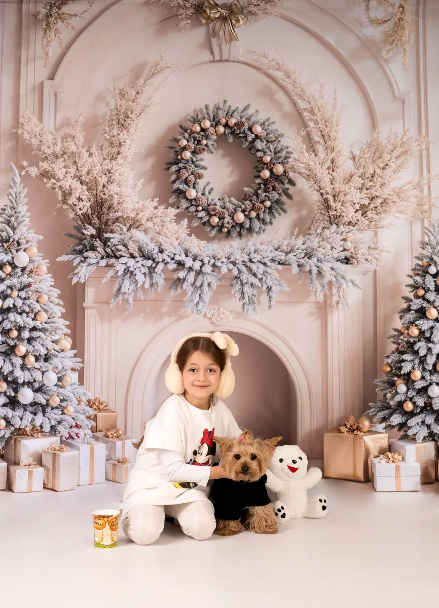 Kate Christmas Trees Gifts White Retro Fireplace Backdrop Designed by Emetselch - Image 3