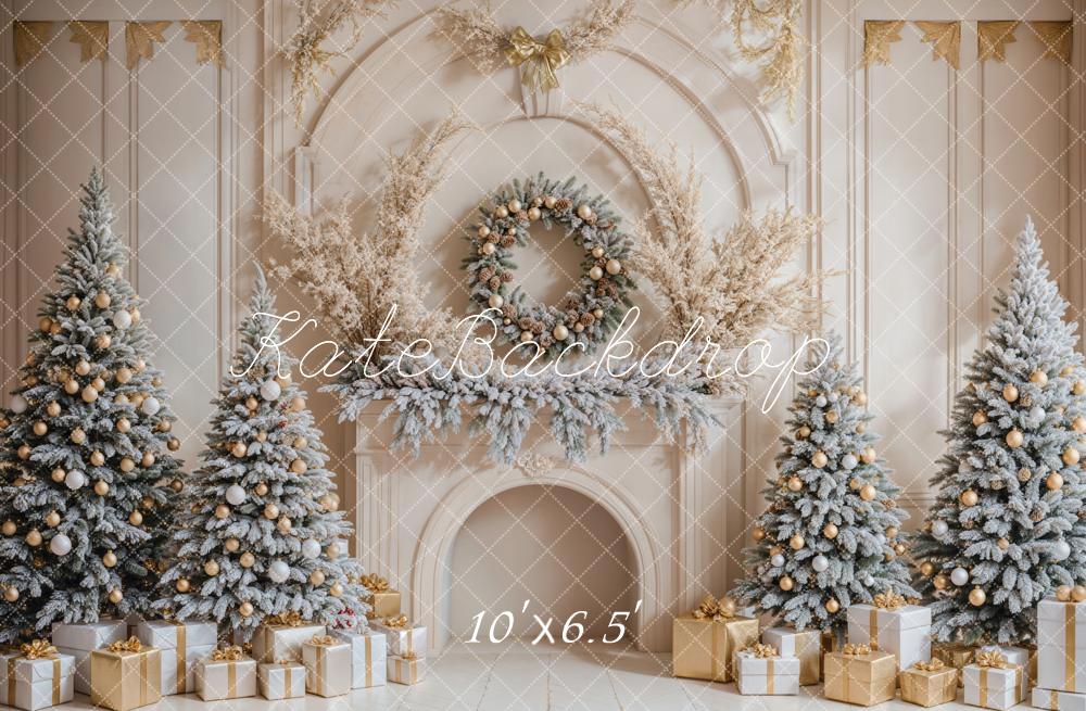 Kate Christmas Trees Gifts White Retro Fireplace Backdrop Designed by Emetselch - Image 4