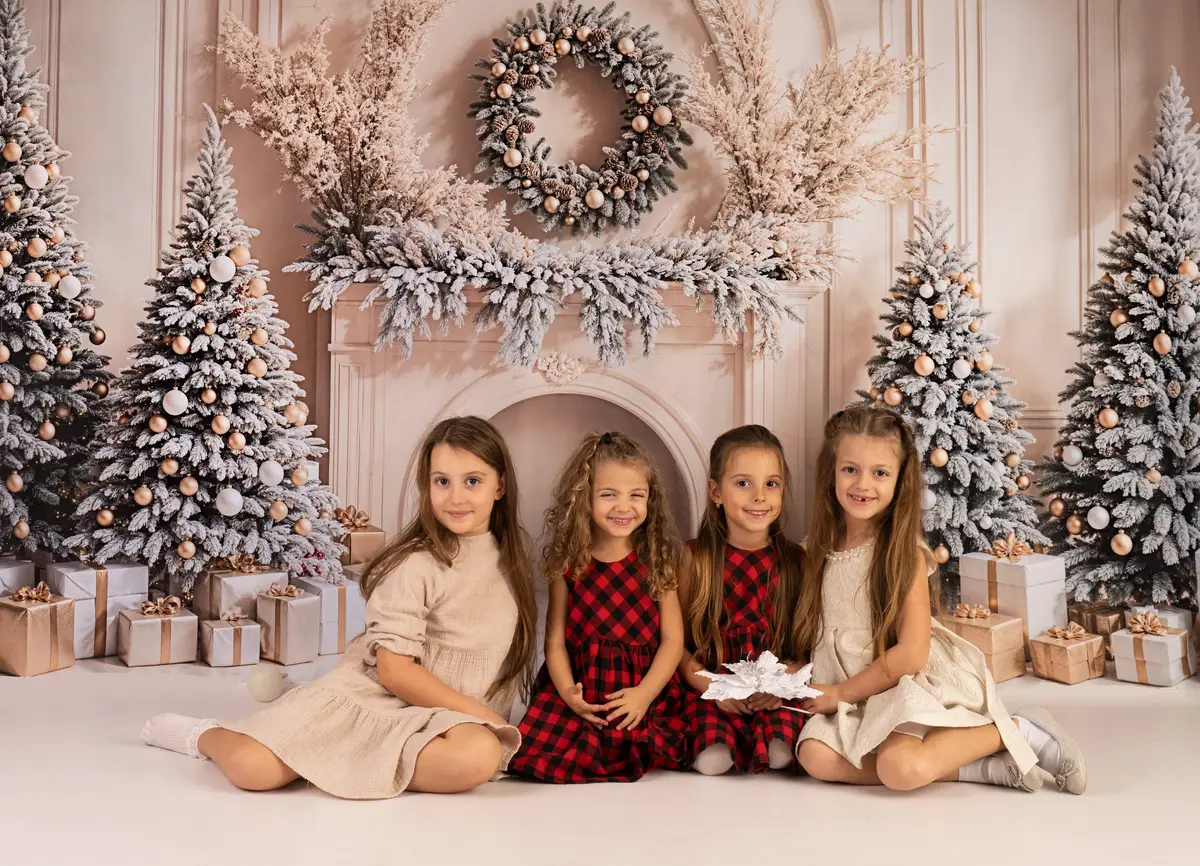 Kate Christmas Trees Gifts White Retro Fireplace Backdrop Designed by Emetselch - Image 5