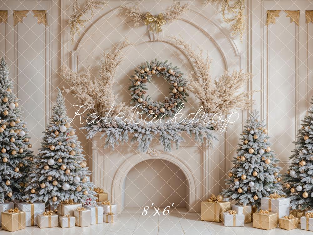 Kate Christmas Trees Gifts White Retro Fireplace Backdrop Designed by Emetselch - Image 7