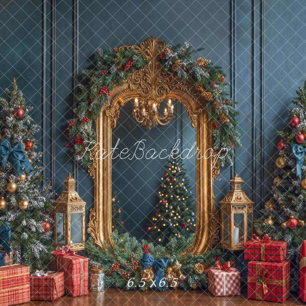 Kate Christmas Trees Gold Mirror Gifts Blue Backdrop Designed by Emetselch - Image 2