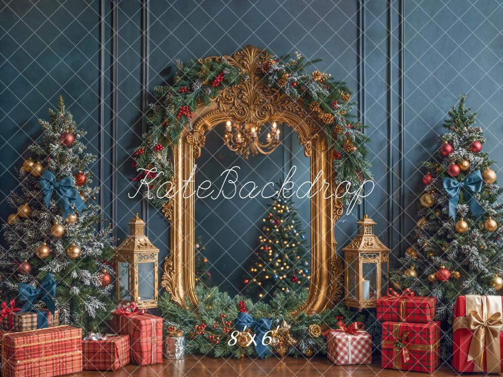Kate Christmas Trees Gold Mirror Gifts Blue Backdrop Designed by Emetselch - Image 3