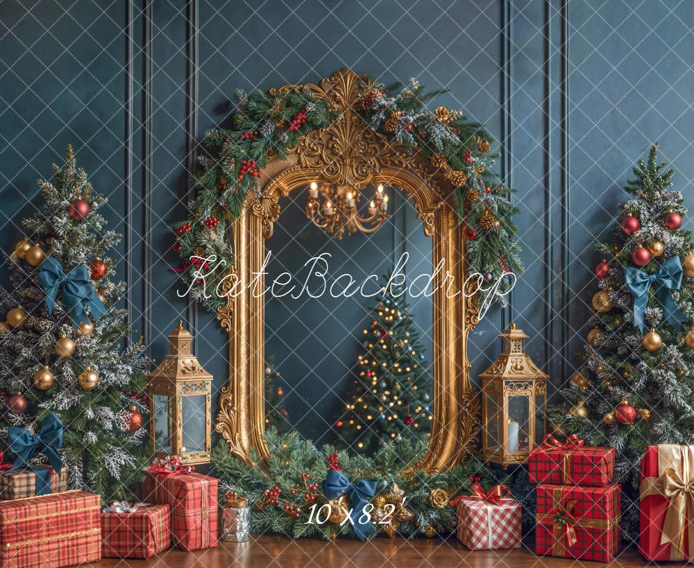 Kate Christmas Trees Gold Mirror Gifts Blue Backdrop Designed by Emetselch - Image 6