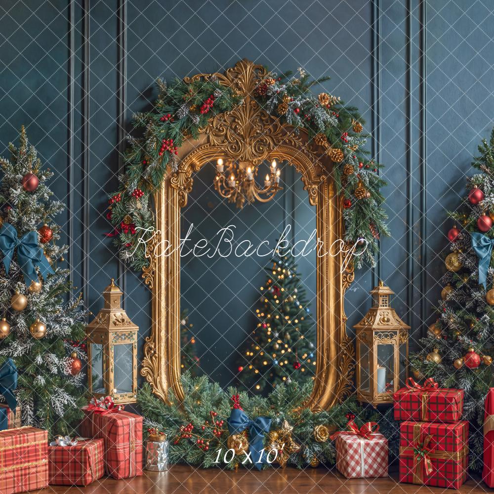 Kate Christmas Trees Gold Mirror Gifts Blue Backdrop Designed by Emetselch - Image 7