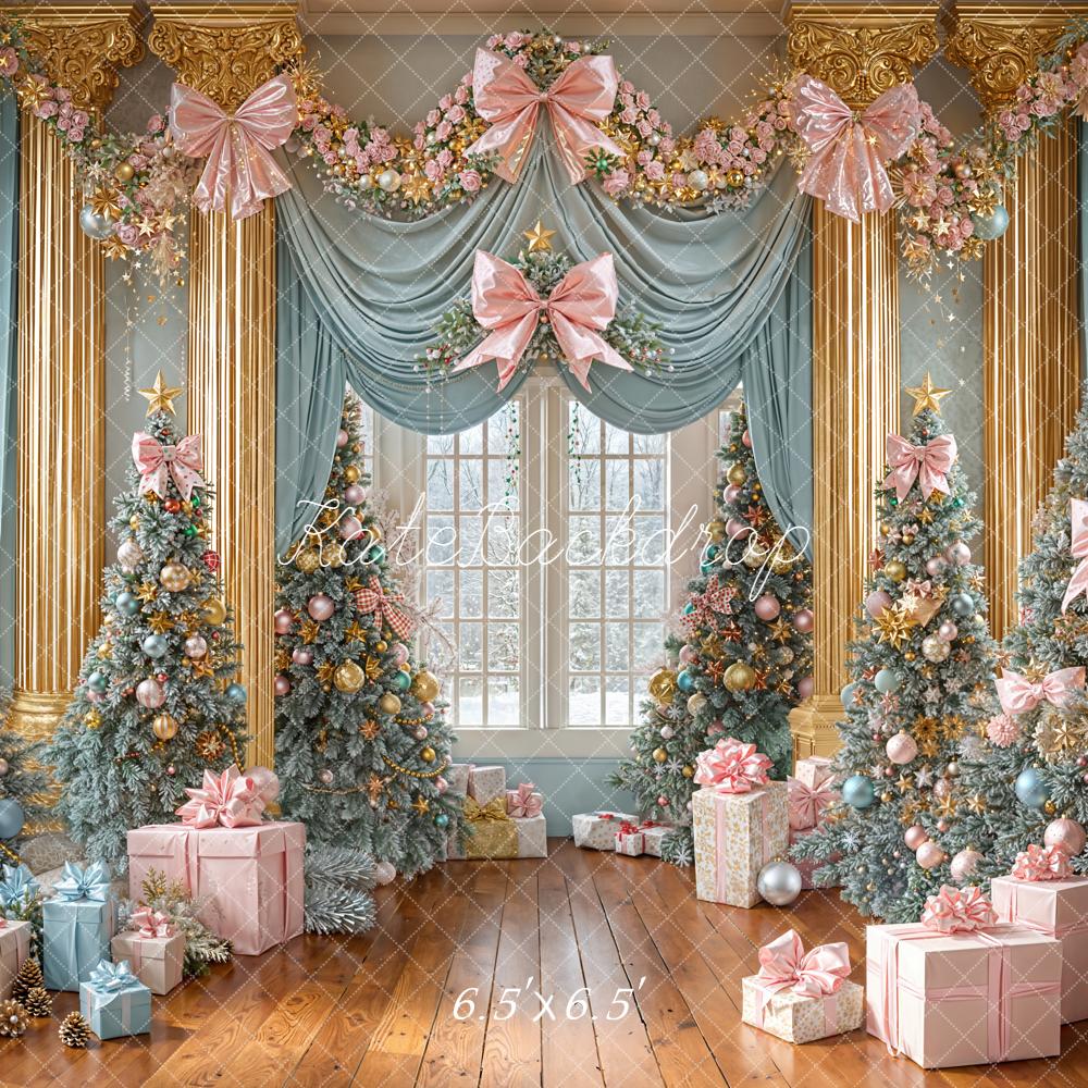 Kate Christmas Trees Pink Bows Presents Backdrop Designed by Emetselch - Image 2