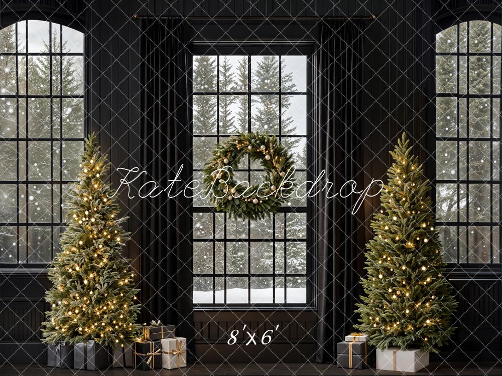 Kate Christmas Trees Retro Black Window Backdrop Designed by Emetselch - Image 3