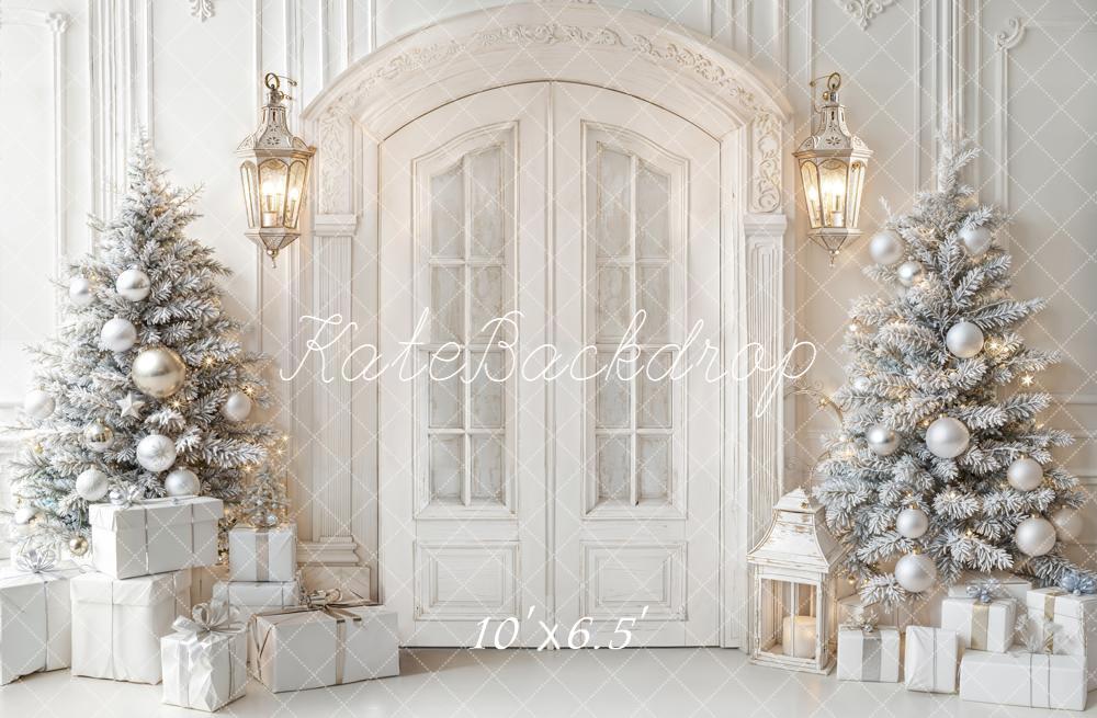 Kate Christmas Trees White Door Lanterns Fleece Backdrop Designed by Emetselch - Image 2