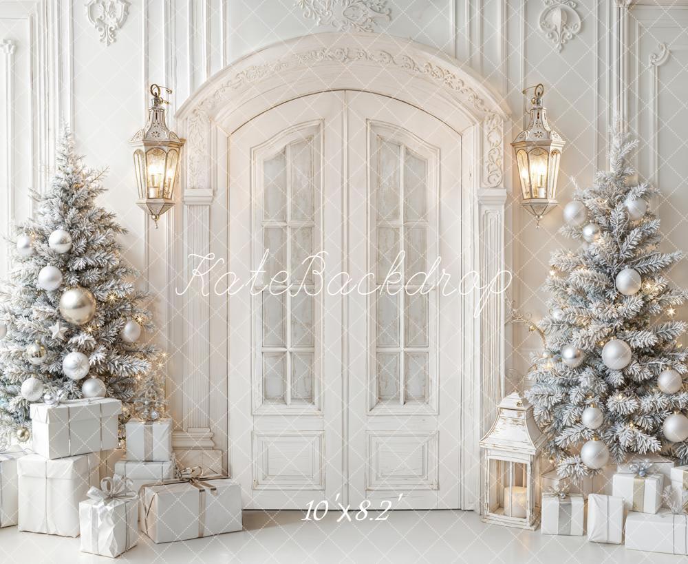 Kate Christmas Trees White Door Lanterns Fleece Backdrop Designed by Emetselch - Image 3