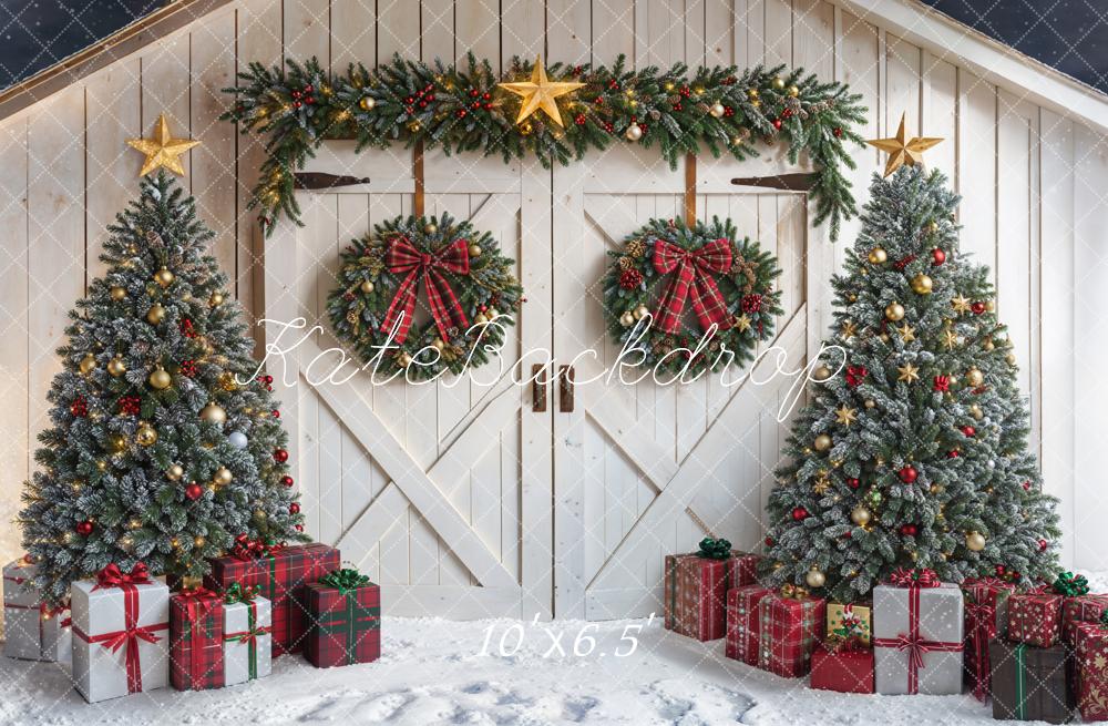 Kate White Christmas Trees Wreath Barn Door Fleece Backdrop Designed by Emetselch - Image 2
