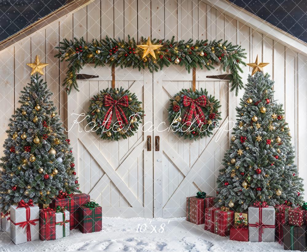 Kate White Christmas Trees Wreath Barn Door Fleece Backdrop Designed by Emetselch - Image 3