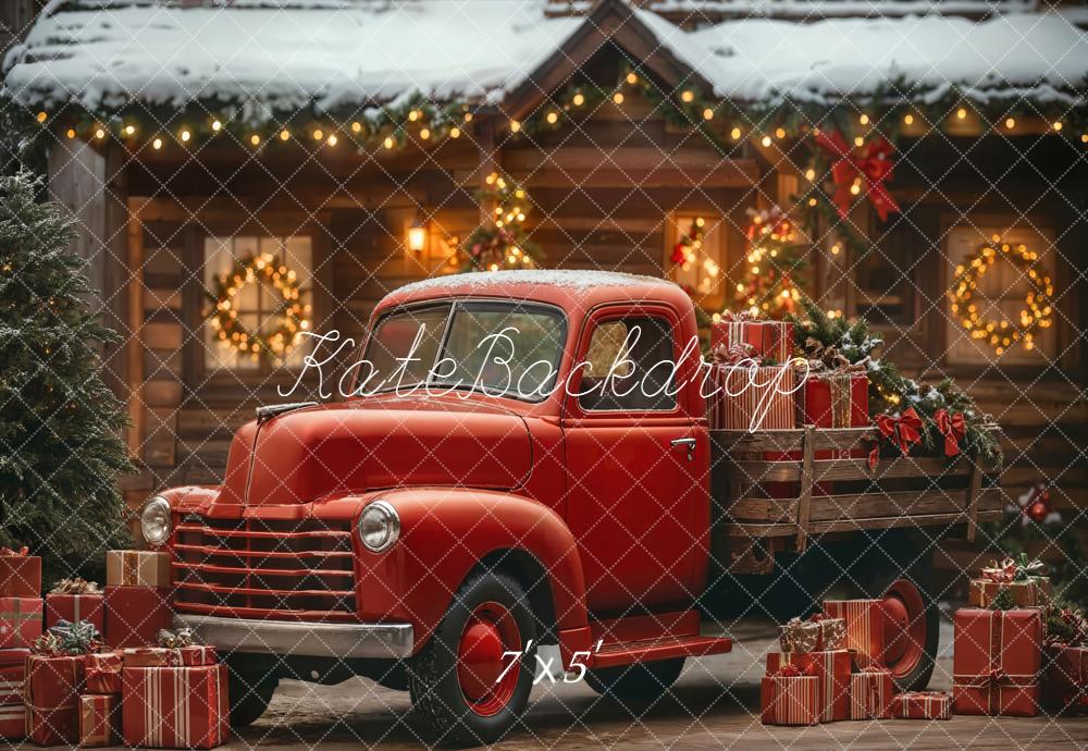 Kate Christmas Red Truck Gifts Cabin Backdrop Designed by Emetselch - Image 2