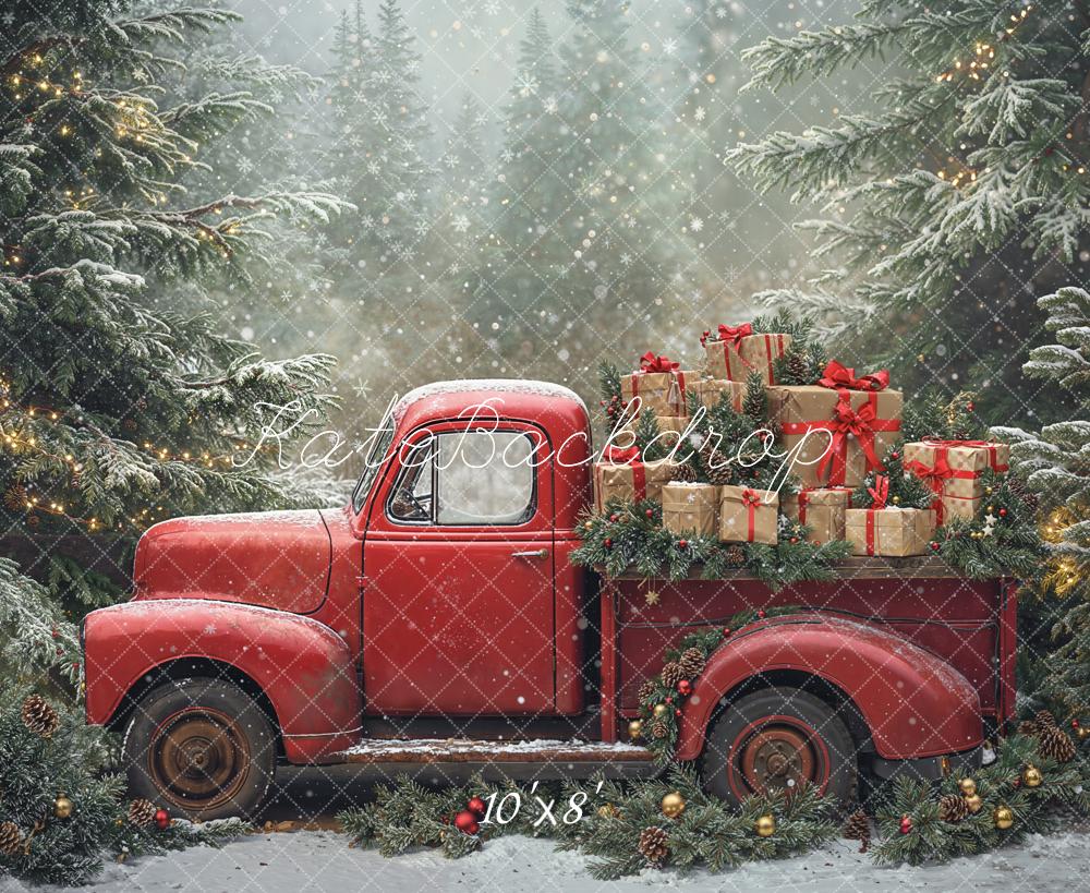 Kate Christmas Truck Snowy Pine Trees Fleece Backdrop Designed by Emetselch - Image 3