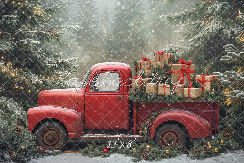 Kate Christmas Truck Snowy Pine Trees Fleece Backdrop Designed by Emetselch - Image 4
