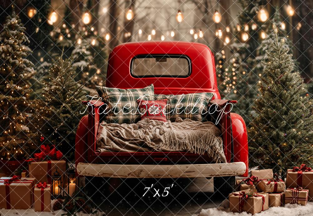 Kate Christmas Red Truck Snowy Trees Presents Backdrop Designed by Emetselch - Image 2