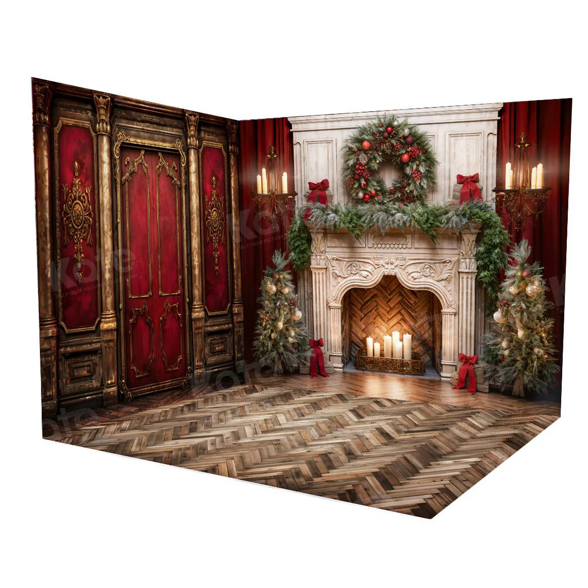 Kate Christmas Victorian Red Wall Fireplace Room Set - Image 2