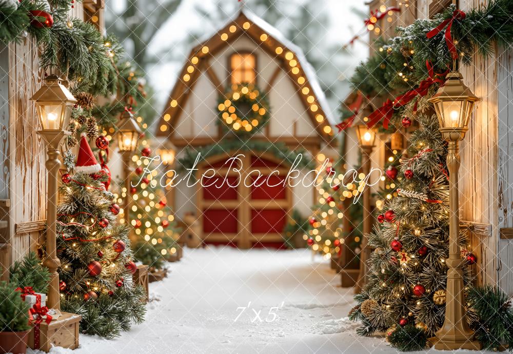 Kate Christmas Village Pine Trees Lanterns Backdrop Designed by Emetselch - Image 2