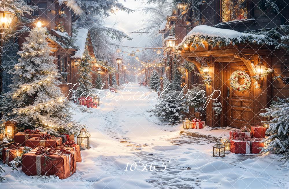 Kate Christmas Village Snowy Trees Gifts Fleece Backdrop Designed by Emetselch - Image 2