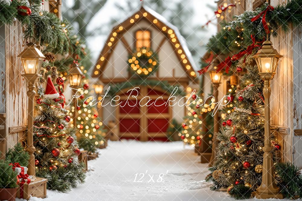 Kate Christmas Village Trees Lanterns Fleece Backdrop Designed by Emetselch - Image 4
