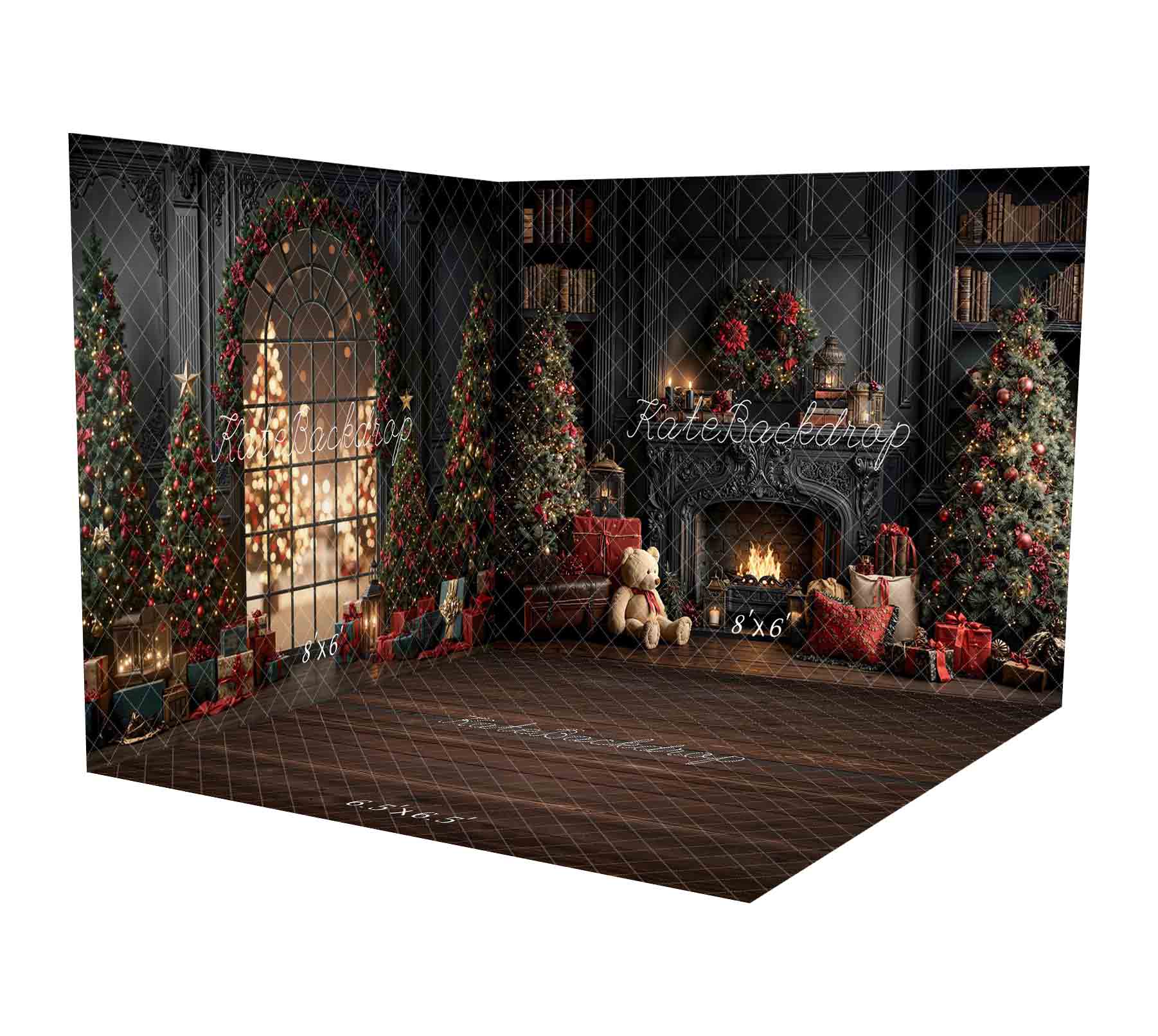 Kate Christmas Vintage Fireplace Wreath Trees Gifts Bookshelves Room Set - Image 2
