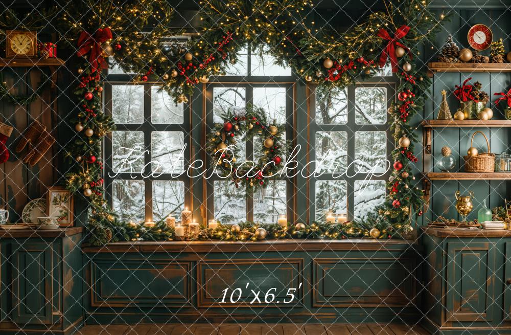 Kate Vintage Green Christmas Kitchen Backdrop Designed by Emetselch - Image 5