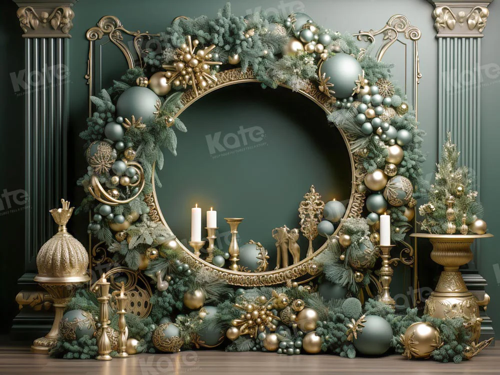 Kate Christmas Vintage Green Wall Big Wreath Fleece Backdrop Designed by Emetselch - Image 11