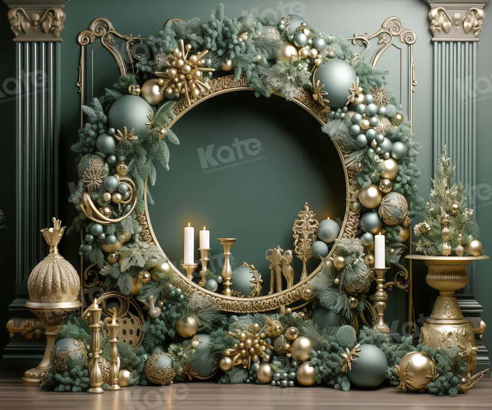 Kate Christmas Vintage Green Wall Big Wreath Fleece Backdrop Designed by Emetselch - Image 12