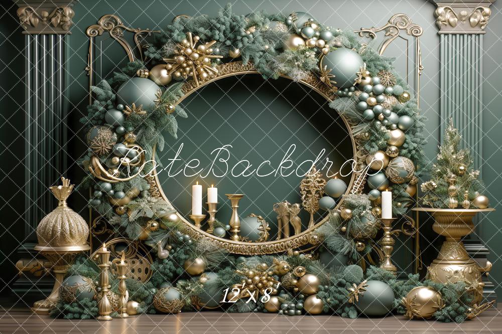 Kate Christmas Vintage Green Wall Big Wreath Fleece Backdrop Designed by Emetselch - Image 14