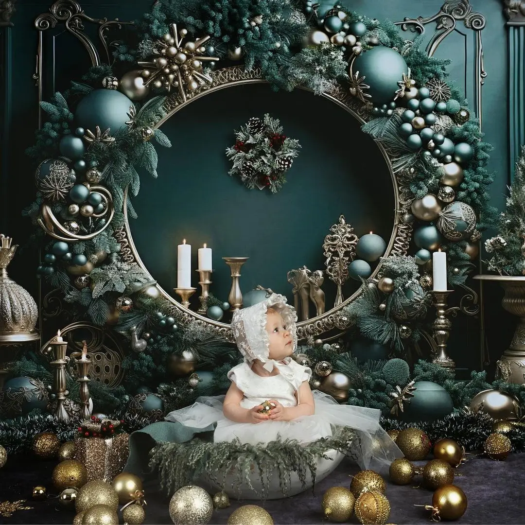 Kate Christmas Vintage Green Wall Big Wreath Fleece Backdrop Designed by Emetselch - Image 3