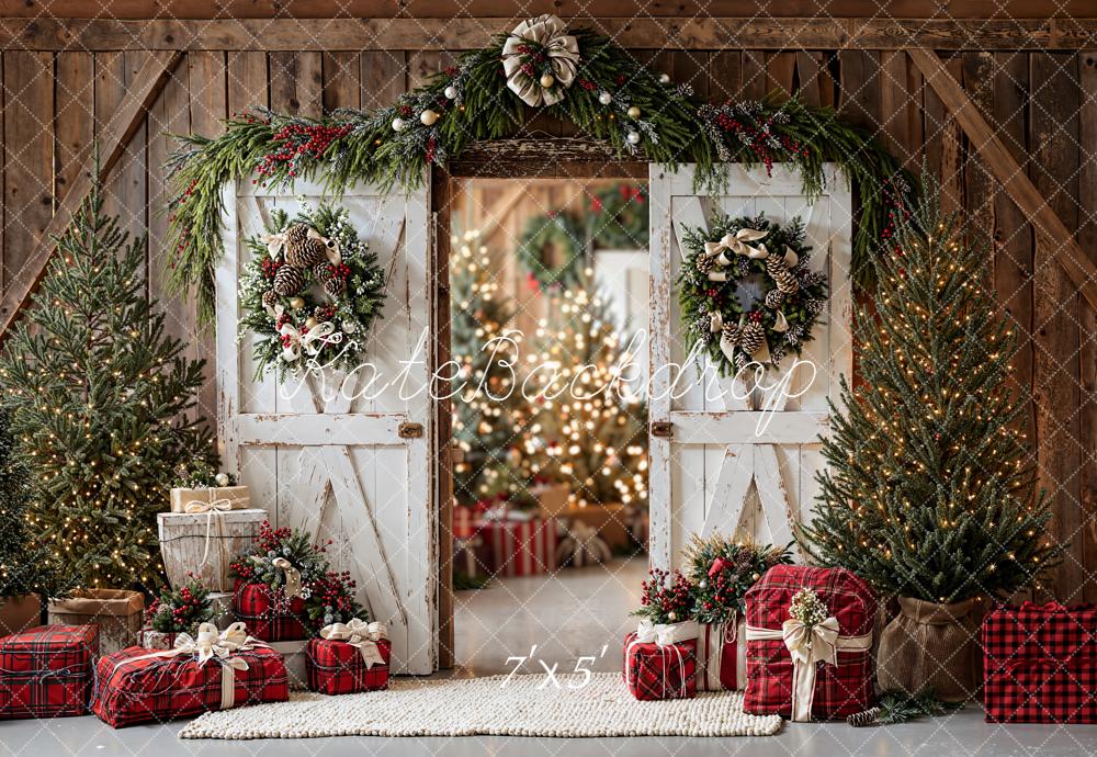 Kate Christmas White Barn Trees Gifts Backdrop Designed by Emetselch - Image 2