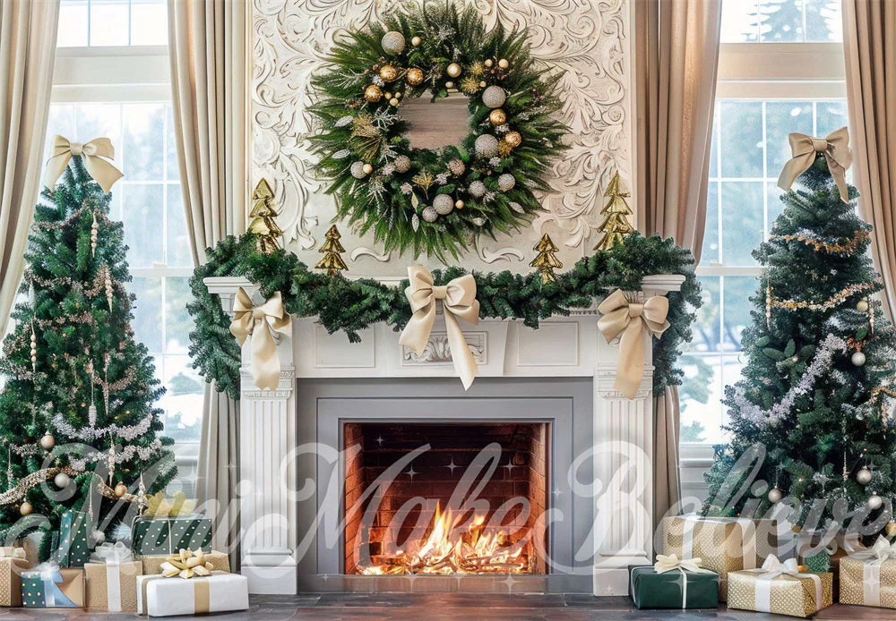 Kate Christmas White Bow Wreath Fireplace Backdrop Designed by Mini MakeBelieve - Image 2
