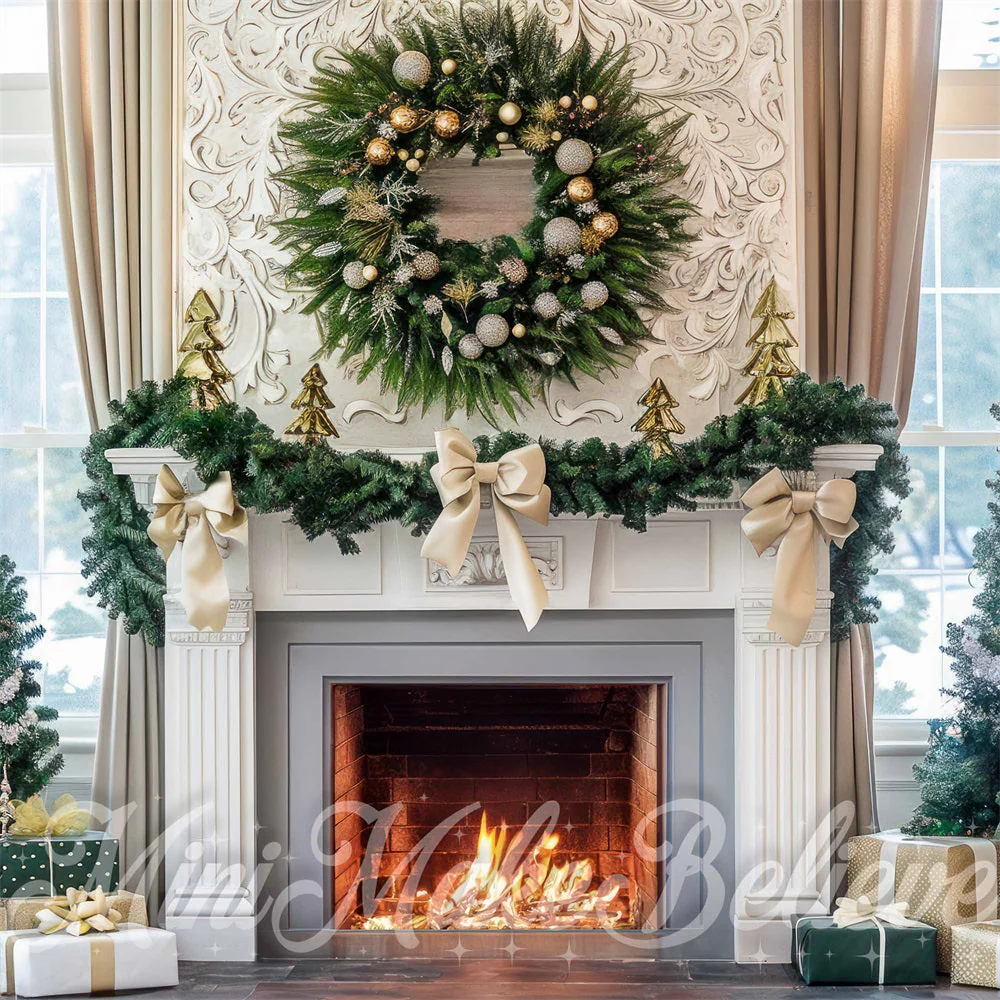 Kate Christmas White Bow Wreath Fireplace Backdrop Designed by Mini MakeBelieve - Image 4