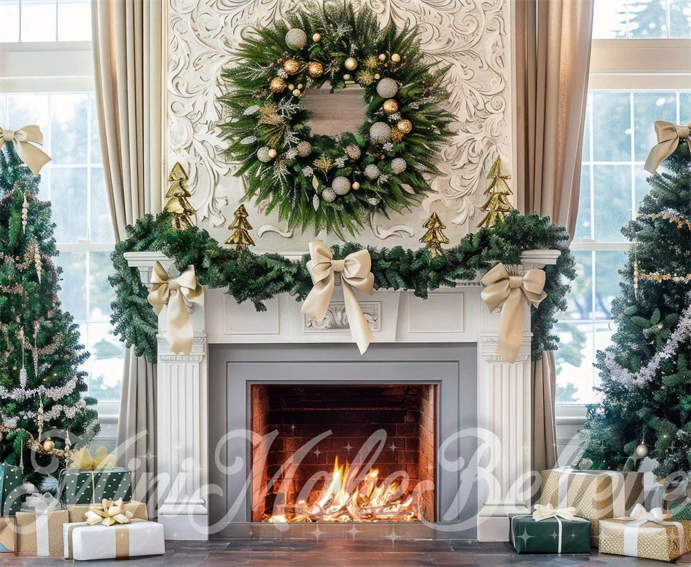 Kate Christmas White Bow Wreath Fireplace Backdrop Designed by Mini MakeBelieve - Image 7