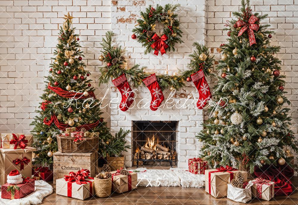 Kate Christmas White Brick Fireplace Backdrop Designed by Emetselch - Image 2