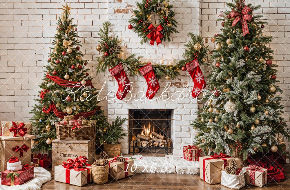 Kate Christmas White Brick Fireplace Backdrop Designed by Emetselch - Image 7