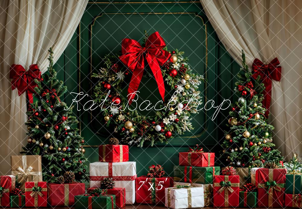 Kate Christmas White Curtain Dark Green Vintage Wall Backdrop Designed by Emetselch - Image 2