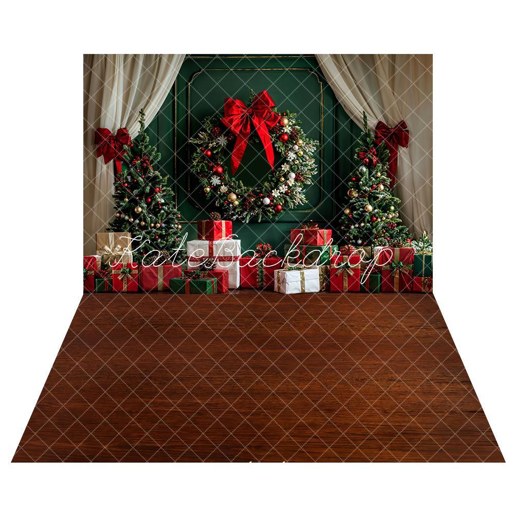 Kate Christmas White Curtain Dark Green Wall Backdrop+Brown Wooden Floor Backdrop