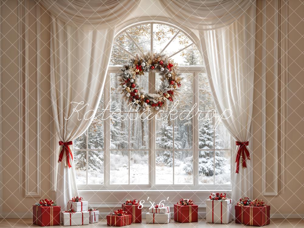 Kate Christmas White Curtain Wreath Window Backdrop Designed by Emetselch - Image 3