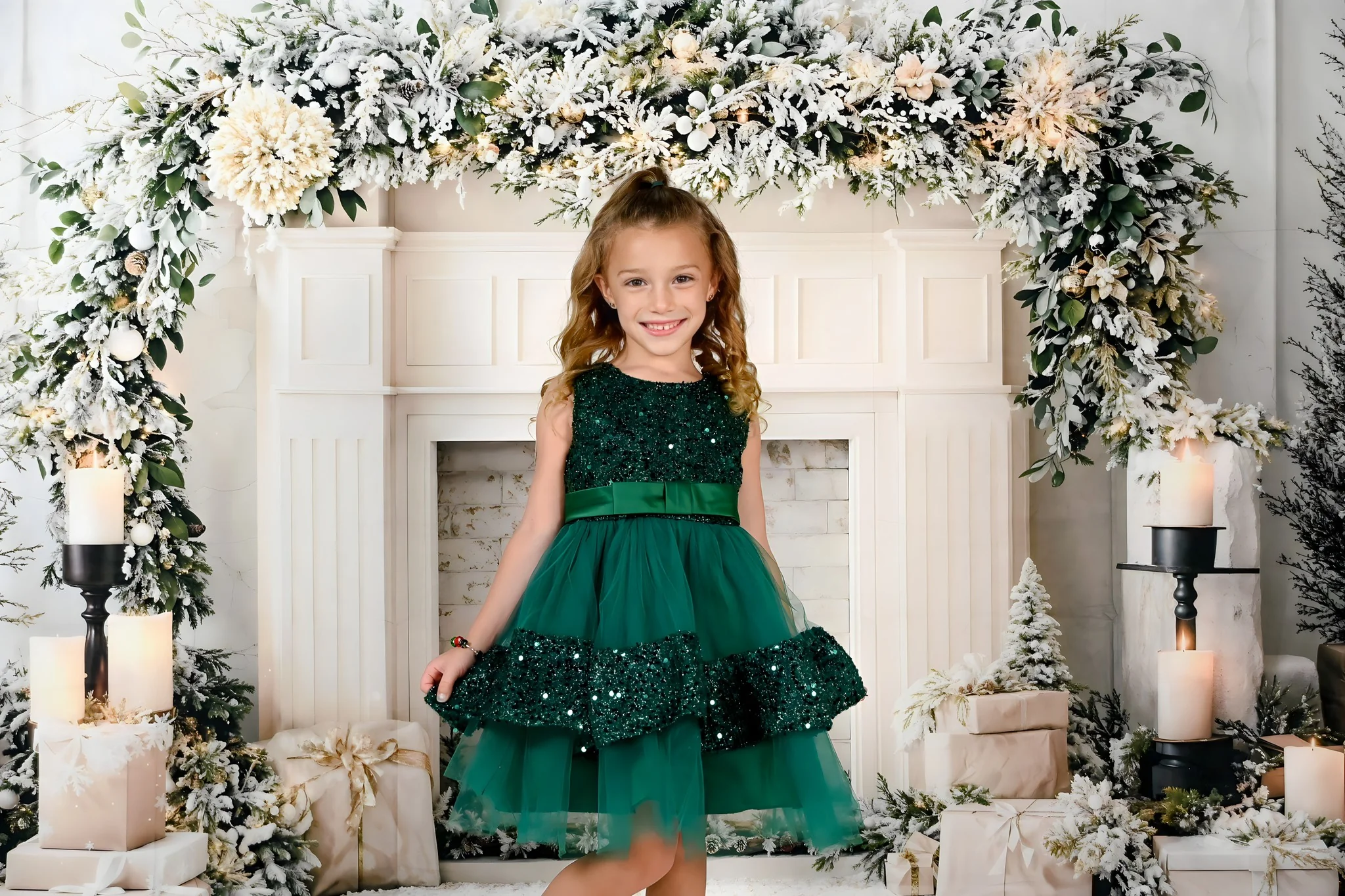 Kate Christmas White Fireplace Garland Candles Backdrop Designed by Emetselch - Image 3