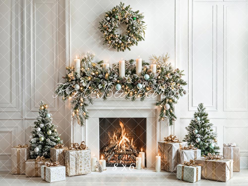 Kate Christmas White Fireplace Gifts Wreath Backdrop Designed by Emetselch - Image 3