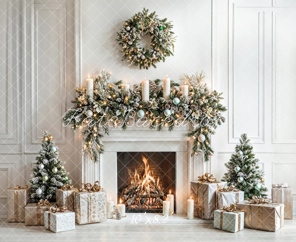 Kate Christmas White Fireplace Gifts Wreath Backdrop Designed by Emetselch - Image 5