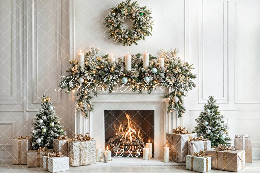 Kate Christmas White Fireplace Gifts Wreath Backdrop Designed by Emetselch - Image 7