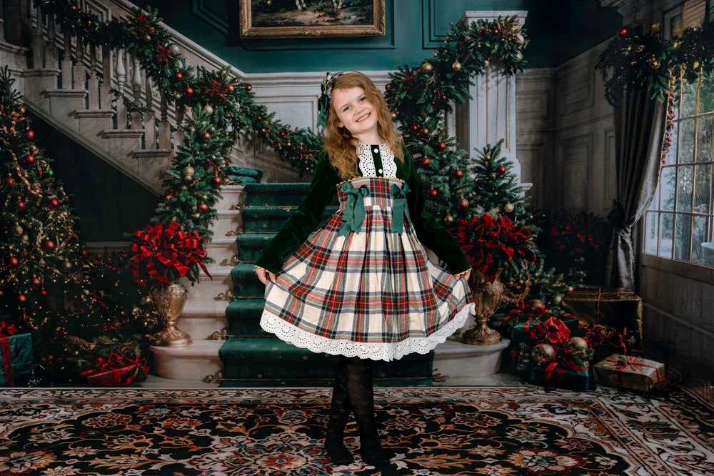 Kate Christmas White Green Staircase Backdrop+Vintage Floral Marble Floor Backdrop