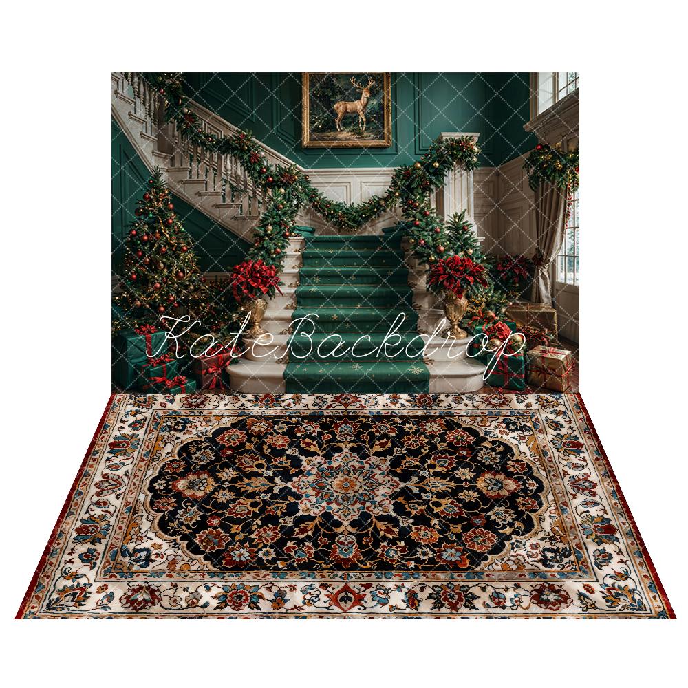 Kate Christmas White Green Staircase Backdrop+Vintage Floral Marble Floor Backdrop - Image 2